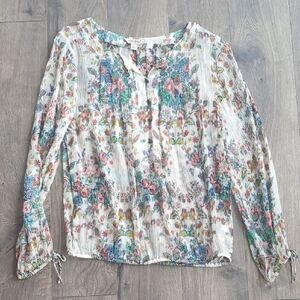 Lucky Brand White Floral Long-Sleeve Peasant Blouse